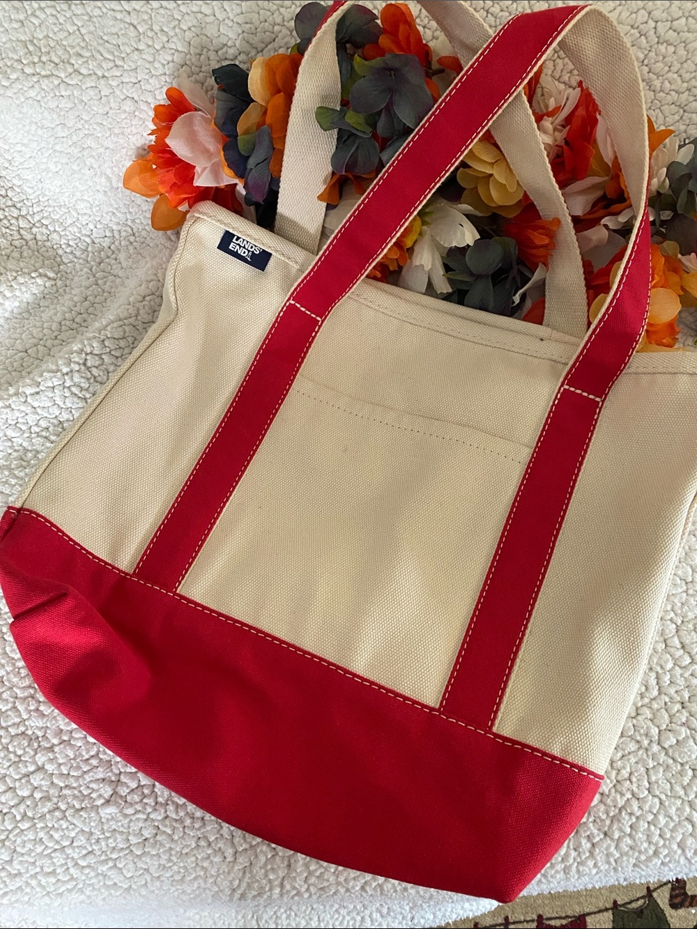 Lands' End Cream Canvas Tote with Red Trim and Handles